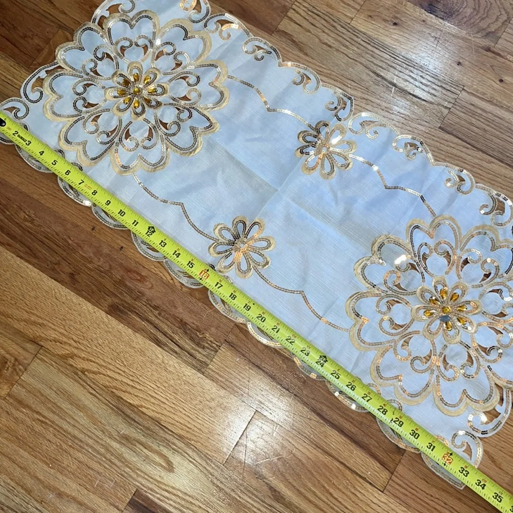 NEW Sequin floral Gold with being Rectangle table runner Doily 33 X15